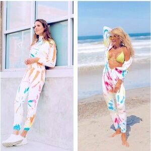 NWOT Lezat Restore Soft Terry Jumpsuit Neon Pink Blue Tye‎ Dye Size Med